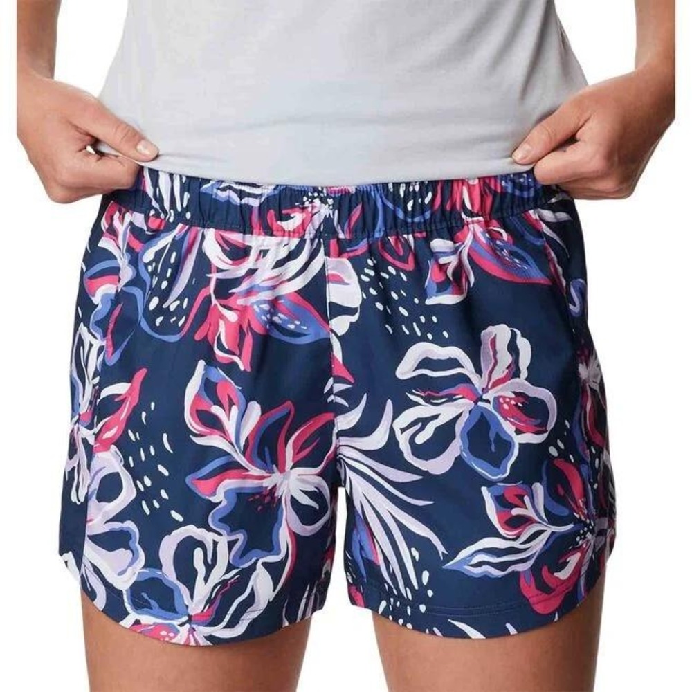 Columbia Womens XL Floral Print Athletic Shorts Navy Blue Pockets‎ Elastic Waist